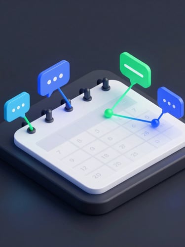 Sleek dark-mode 3D render of an interactive calendar interface, glowing neon blue and green node lines connecting chat bubbles to a calendar grid, clean UI mockup, high-tech isometric perspective, octane render