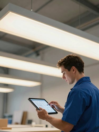 A professional commercial lighting designer reviewing technical electrical layouts on a digital tablet inside a newly retrofitted, brightly lit modern warehouse space, warm amber light glowing from high-bay fixtures, 35mm