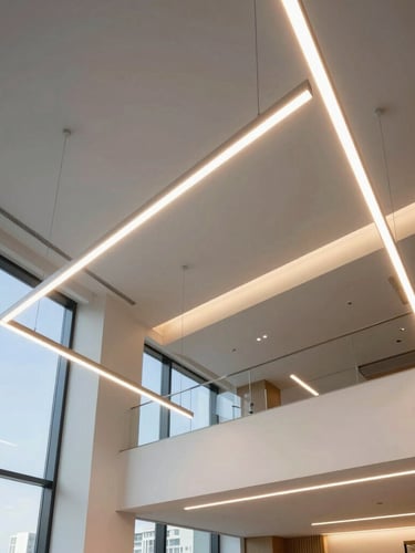 Wide-angle architectural shot of a modern office space with clean, high-performance linear LED lighting fixtures suspended from the ceiling, crisp daylight mixing with warm architectural glow, sharp focus, 35mm