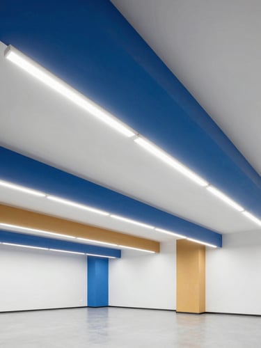 Wide-angle architectural shot of a modern commercial office interior with crisp, high-CRI LED linear lighting suspended from a high ceiling, bright blue and warm amber accents, 35mm