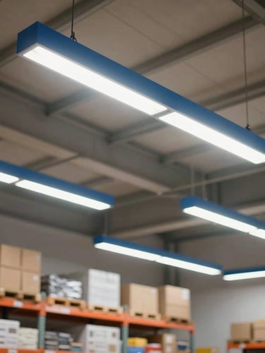 A clean, modern warehouse interior with high ceilings, featuring newly installed high-bay LED fixtures casting bright, uniform light across organized industrial shelving, sharp focus, technical detail.