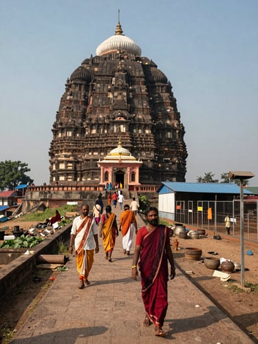 Wide environmental shot of Govardhan hill at midday, pilgrims walking the parikrama path in the foreground, goshala enclosure visible to the right, natural documentary light, geography establishing the scale of the corridor