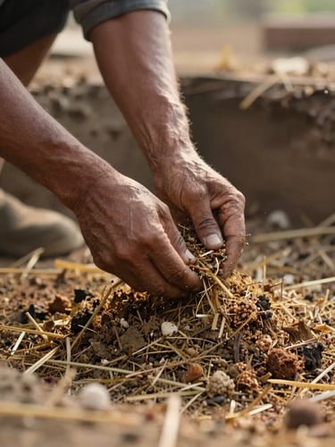 Close-up of hands turning goshala compost in an outdoor pit at dawn, straw and organic matter visible, natural warm daylight, documentary-neutral framing, no posed subjects
