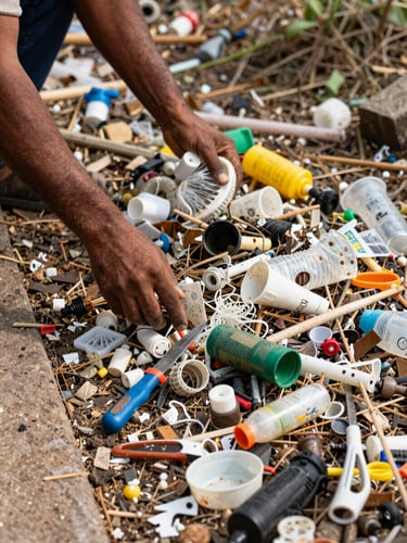 Close documentary photograph of hands clearing dense debris and plastic waste from the edge of Vrindavan parikrama path, natural daylight, tools visible, ground-level framing showing the scale of accumulated encroachment