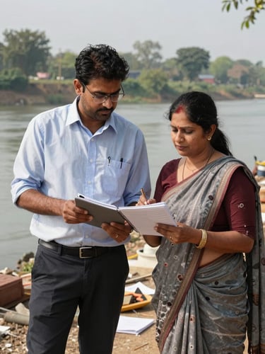 Documentary-style medium shot of Dr. Shubham Vishnudev Joshi and Mrs. Radhika Joshi standing at a riverbank restoration site in natural daylight, reviewing field notes, working attire, no formal pose, hands engaged with materials