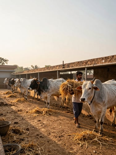 Wide documentary shot inside a working goshala at dawn — desi cows in a clean open-air enclosure, a caretaker carrying fresh fodder across the frame, golden morning light raking across the mud floor, straw and earthen walls filling the background