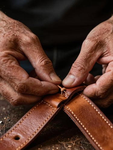 Extreme close-up of master artisan Andrés's scarred hands hand-stitching a thick vegetable-tanned leather belt with double-waxed thread, warm dramatic workshop side-light, rich amber tones