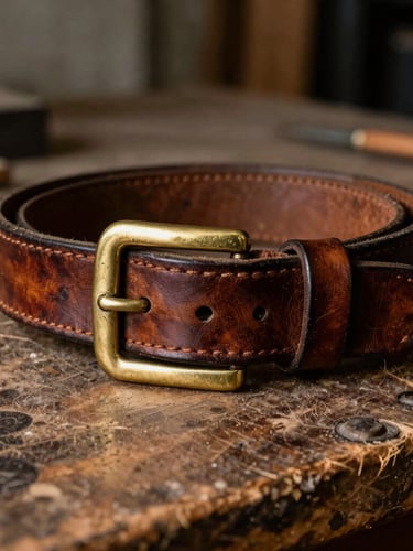 A well-worn leather belt with a heavy solid brass buckle on a dusty wooden workbench, showing deep rich patina, scars, and hand-stitched detailing, warm side lighting