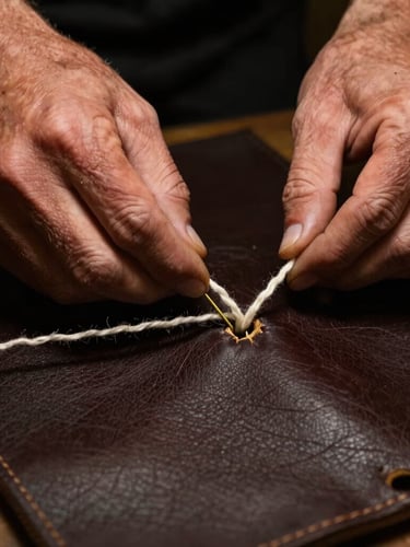 Close-up of Andres's scarred hands pulling a thick waxed thread through a pre-punched hole in dark leather, heavy brass needles, low-key workshop side-lighting, 35mm