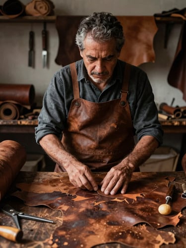 Environmental portrait of leather artisan Andrés Martín Plata in his traditional workshop, surrounded by rolls of thick hide and hand tools, moody low-key lighting, 35mm