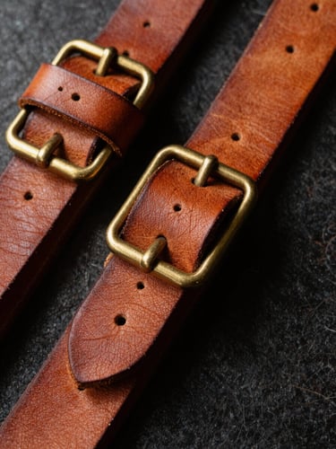 Extreme close-up of thick vegetable-tanned leather straps with heavy brass buckles, dramatic workshop side-light, rich amber tones, showing intense texture and grain