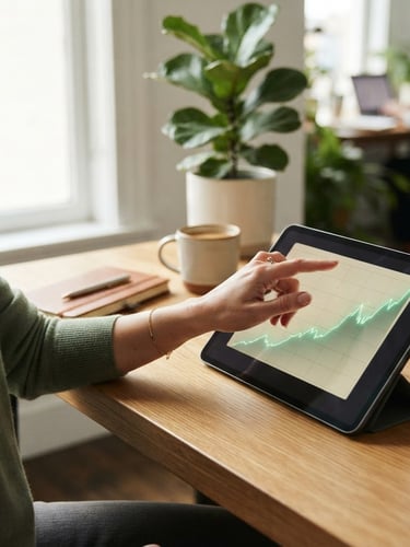 Professional workspace with natural window light, a tablet showing an upward growth chart, soft muted green and cream tones, shallow depth of field. A person's hand subtly gesturing towards the screen.