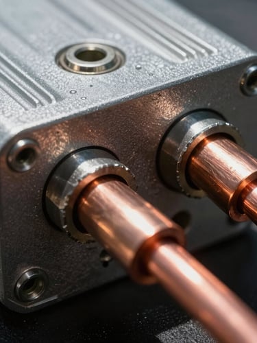 Extreme macro technical detail of heavy-duty mounting hardware, thick copper cabling, and rugged industrial inverter housing, harsh direct midday sun highlighting the metallic textures.