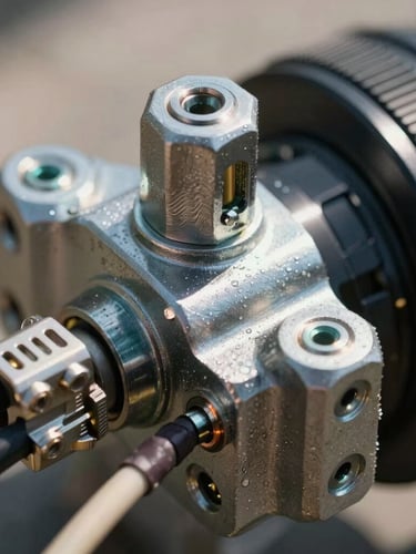 Extreme macro technical detail of heavy-duty steel mounting hardware and thick high-voltage cabling under harsh direct sun