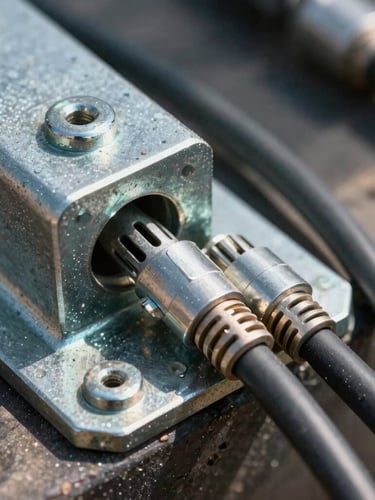 Extreme close-up of heavy-duty steel mounting hardware and thick high-voltage cabling under harsh direct midday sun, focus on metallic texture