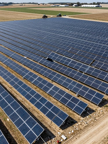 Wide-angle aerial drone view of massive ground-mounted solar arrays integrated into a commercial North American farm, active tractors in the distant fields under harsh midday sun.