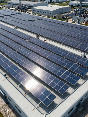 Wide-angle aerial drone shot of a massive high-voltage industrial solar array integrated across a factory roof, harsh direct midday sun reflecting off the panels, industrial infrastructure visible in the distance.