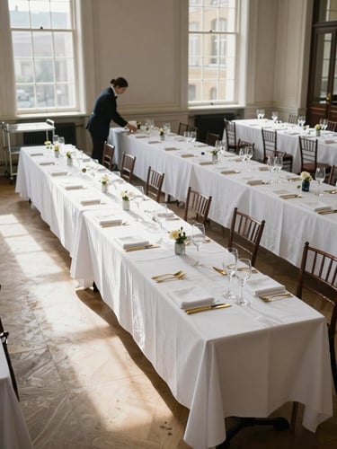 Wide portrait shot of an empty London reception hall being prepared for a formal dinner — white-linened tables in long rows, glassware and gold cutlery being set precisely, natural window light casting clean shadows across the floor, one member of staff in dark uniform working at the far table, service trolley visible to the left edge