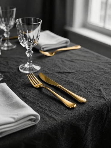 Close detail of a precisely laid place setting on a dark linen tablecloth — polished gold cutlery, folded napkin, crystal glassware — under clean directional daylight from a nearby window, black and white tones with the gold cutlery as the single warm accent