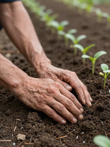 Close-up of weathered hands pressing into dark, fertile soil beside a row of seedlings, north-facing diffused daylight, shallow depth of field — earthy and unhurried, no posed quality