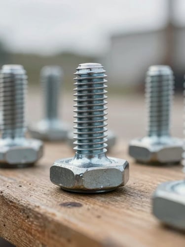 Macro close-up of heavy industrial steel hardware and structural bolts, desaturated steel tones, natural overcast light, sharp focus, 35mm