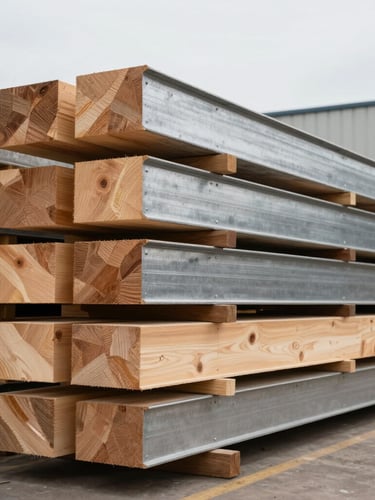 Industrial commercial photography, stack of premium raw timber beams in a bright warehouse, desaturated steel and warm wood tones, sharp focus, 35mm