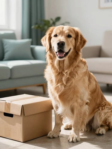 A happy golden retriever sitting next to a clean cardboard delivery box in a bright, sunlit modern living room, soft natural daylight, minimalist home, warm editorial photography, shallow depth of field, 35mm.