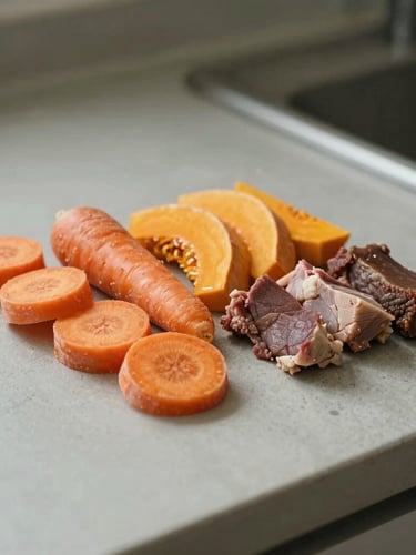 Close-up of fresh natural dog food ingredients like sliced carrots, pumpkin, and lean meat arranged neatly on a clean concrete countertop, soft side lighting