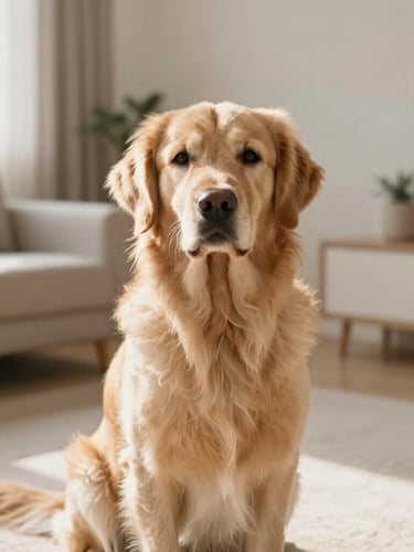 Eye-level editorial photograph of a healthy golden retriever sitting calmly in a sunlit modern living room, soft natural morning light, shallow depth of field, minimalist warm beige background