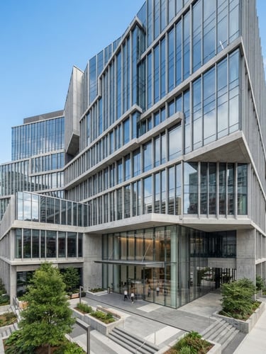 Fachada de um edifício corporativo moderno, linhas limpas de concreto e vidro, iluminação natural nítida, ângulo arquitetônico amplo.