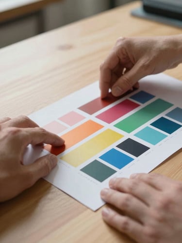 Close-up of two hands examining a printed color proof sheet on a light wooden desk, north-facing daylight from the left, ink-printed registration marks visible at the sheet edge, fingers pressing the paper flat