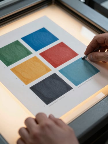 Extreme close-up of two hands holding a freshly printed color proof sheet over a light table in a pressroom, ink still fresh, registration marks visible at the sheet edge, warm north-facing daylight from above, paper grain sharp