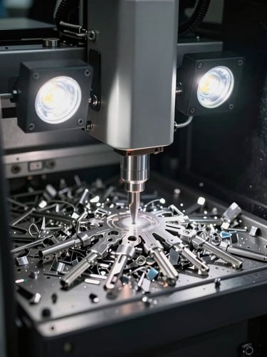 Tight macro shot of a laser key cutting machine operating inside a mobile van, focused LED work lights illuminating silver metallic shavings.