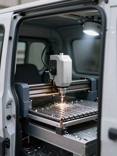 Macro shot of an automated laser key-cutting machine operating inside a mobile van, metal shavings visible under bright LED work lights.