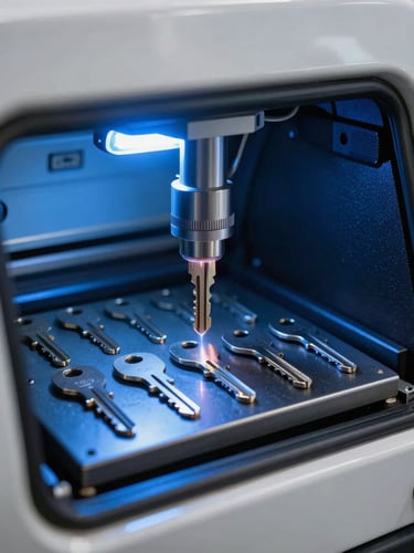 Tight macro shot of a laser key cutting machine operating inside a mobile service van, cool blue LED work lights reflecting off metallic silver key blanks.