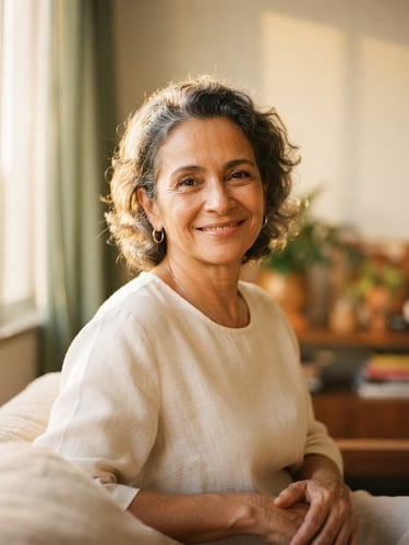A warm, natural portrait of an elegant mature Brazilian woman with a soft smile, wearing delicate silver earrings, bathed in warm diffused golden hour window light, 35mm photography