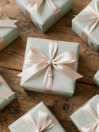 Overhead flatlay of beautifully wrapped gift boxes with soft satin ribbons, delicate silver necklaces reflecting natural morning light on a rustic wooden table