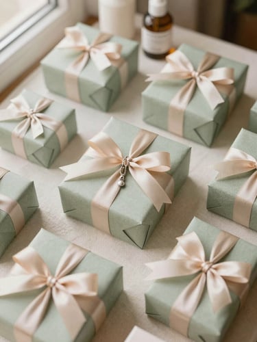 Overhead flatlay of beautifully packaged gift boxes with satin ribbons, delicate silver necklaces, and soft-focus cosmetic bottles on cream linen surface, warm morning light
