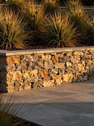 A wide, sharp architectural photograph of a finished stone retaining wall and custom patio at golden hour, surrounded by structured native grasses, high contrast, 35mm