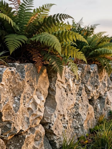 A close-up of tight limestone joints on a retaining wall, surrounded by lush native ferns and grasses under soft overcast daylight, 35mm.