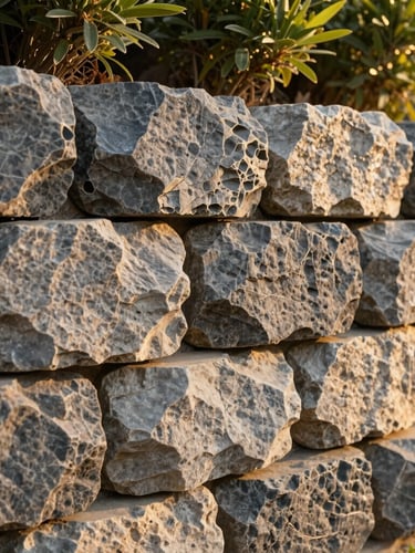 Close-up of perfectly joined raw slate gray stones in a custom masonry retaining wall, sharp focus, golden-hour sunlight highlighting texture.