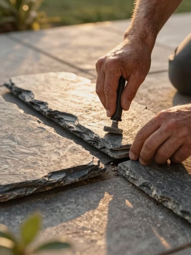 Close-up of a craftsman hand-carving a raw slate joint for a patio, warm golden-hour sunlight highlighting stone texture, 35mm