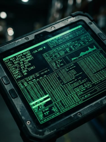 Close-up of a ruggedized Android tablet displaying real-time logistics data, with subtle neon green terminal glow, dark, high-contrast, macro focus.