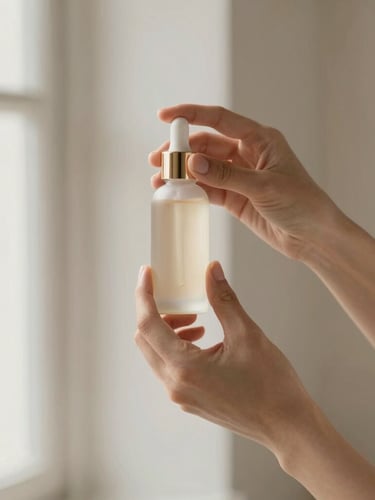 Warm editorial beauty photography of a female creator holding a skincare bottle, soft natural window light, muted beige tones, 35mm