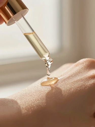 macro close-up of a luxurious facial oil dropper dripping onto clean skin, soft warm window light, champagne tones, shallow depth of field, 35mm