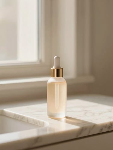 Aesthetic morning light streaming through a window onto a clean marble vanity with a glass serum bottle, soft beige tones, shallow depth of field, 35mm