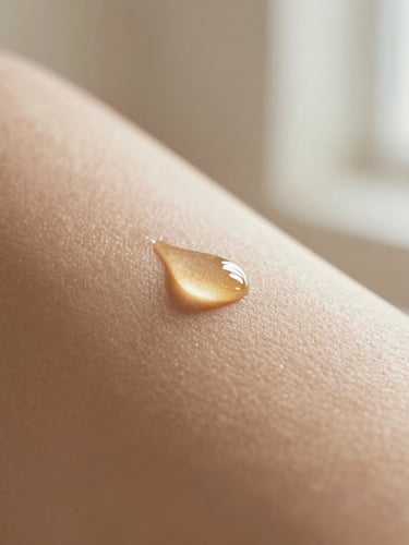 Macro close-up of smooth skin showing natural radiant texture, a drop of golden facial oil glistening under soft daylight, warm champagne tones, 35mm