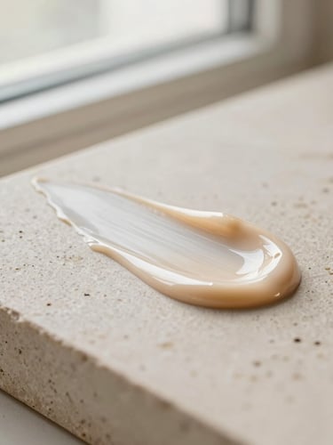 Macro editorial close-up of a luxurious face cream swatch on textured beige stone, soft natural window light, champagne gold undertones, shallow depth of field, 35mm