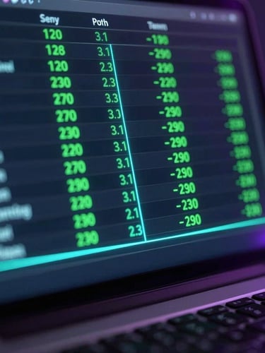 Macro close-up of a laptop screen displaying a speed optimization report with green metrics, glowing cyan lines, dark studio lighting, 8k, sharp focus.