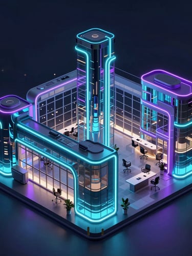 Isometric view of a modern high-tech office in Islamabad, glowing neon accents, glassmorphic elements, night time, city lights visible through large windows, 8k, premium dark tech render.